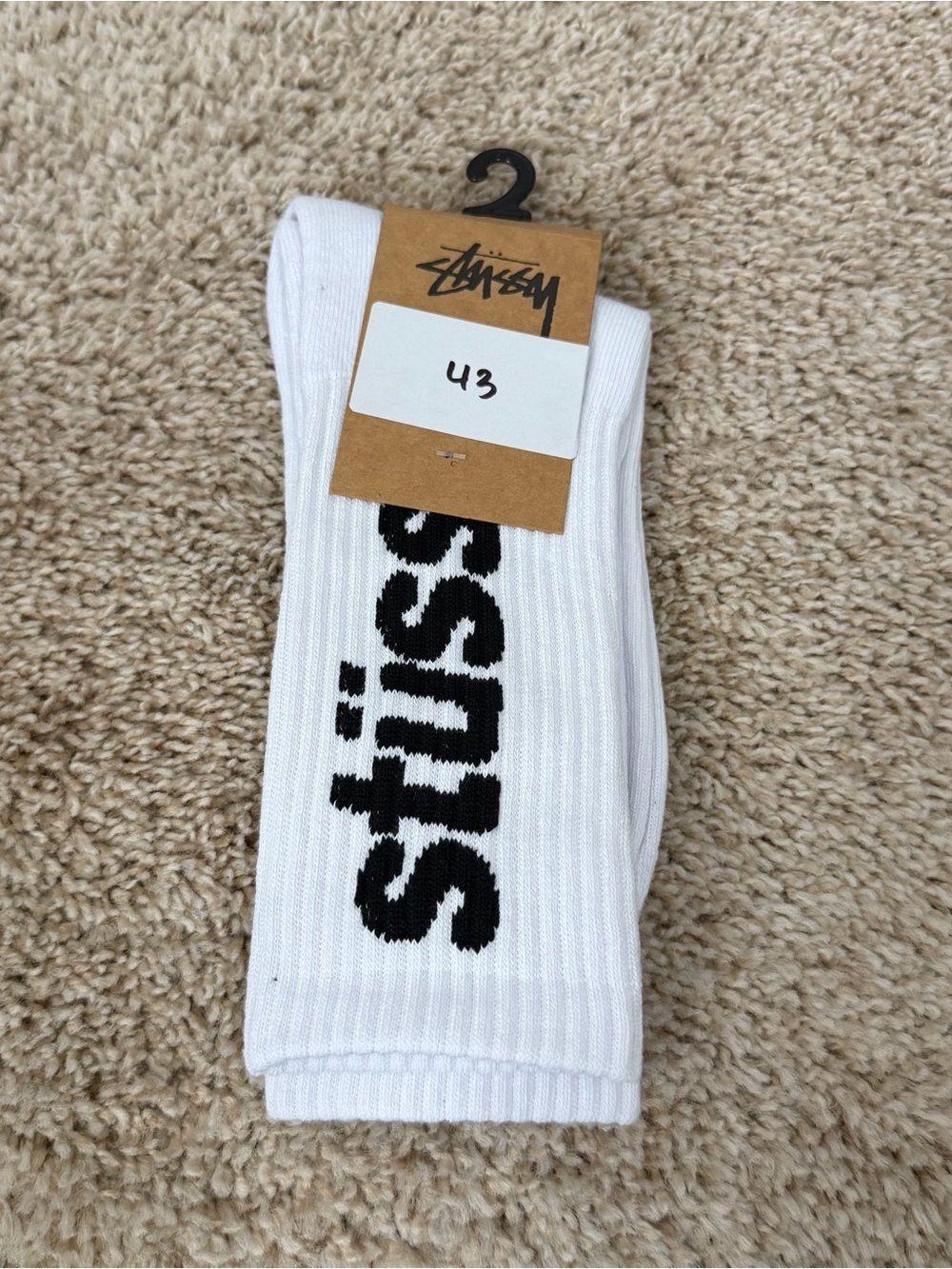 Stussy White Crew Socks with Black Logo